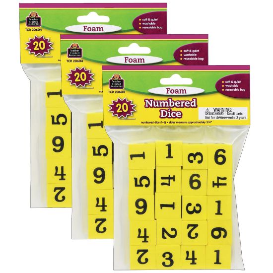 Picture of Teacher Created Resources Foam Numbered Dice, 3/4in, Yellow, Grades K-4, 20 Dice Per Pack, Case Of 3 Packs