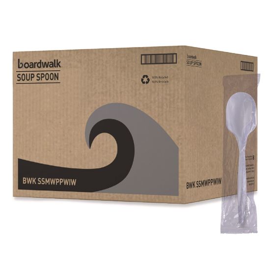 Picture of Boardwalk Medium-Weight Wrapped Polypropylene Soup Spoons, White, Pack Of 1000 Spoons