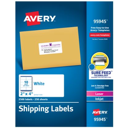 Picture of Avery Shipping Labels With Sure Feed Technology, 95945, Rectangle, 2in x 4in, White, Pack Of 2,500 Labels