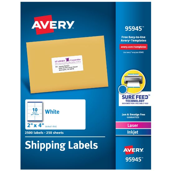 Picture of Avery Shipping Labels With Sure Feed Technology, 95945, Rectangle, 2in x 4in, White, Pack Of 2,500 Labels