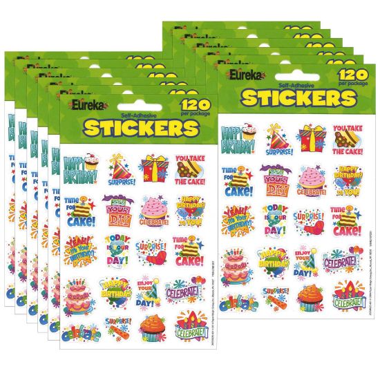 Picture of Eureka Theme Stickers, Birthday, 120 Stickers Per Pack, Set Of 12 Packs