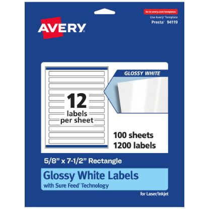 Picture of Avery Glossy Permanent Labels With Sure Feed, 94119-WGP100, Rectangle, 5/8in x 7-1/2in, White, Pack Of 1,200