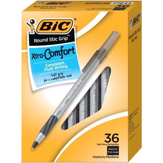 Picture of BIC Round Stic Grip Ballpoint Pens, Medium Point, 1.2 mm, Black Ink, Pack Of 36 Pens