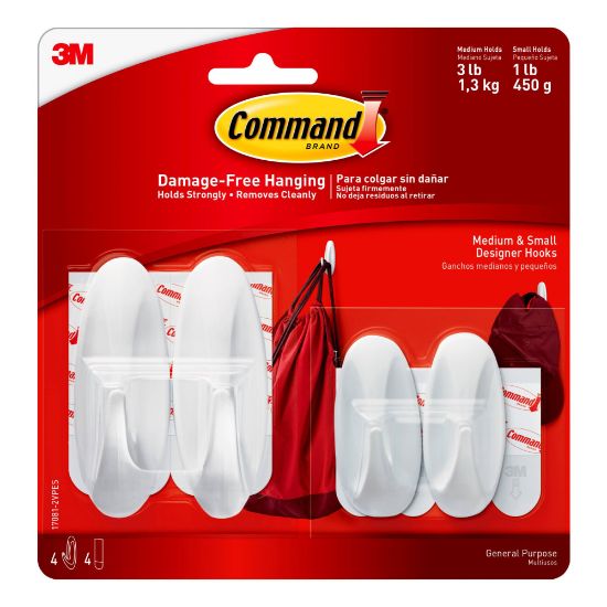 Picture of 3M Command Damage-Free Removable Plastic Hooks, Assorted Sizes, Pack Of 4