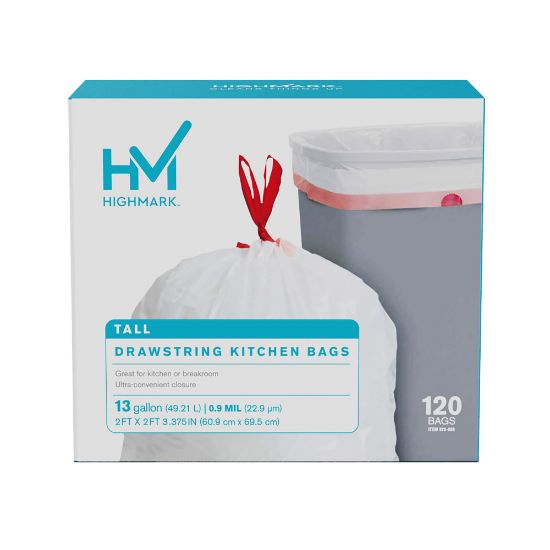 Picture of Highmark Tall 0.9 mil Drawstring Kitchen Trash Bags, 13 Gallon, 27.375in x 24in, White, Box Of 120