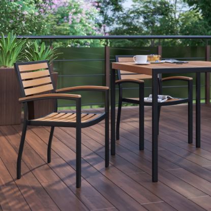 Picture of Flash Furniture Lark Outdoor Stackable Faux Teak Side Chairs, Teak/Black, Set Of 2 Chairs