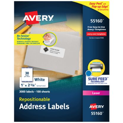 Picture of Avery Repositionable Address Labels, 55160, Rectangle, 1in x 2-5/8in, White, Pack Of 3,000