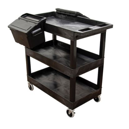 Picture of Luxor E-Series 3-Tub Plastic Utility Cart, With Outrigger Accessory Bins, 36-1/4inH x 24inW x 18inD, Black