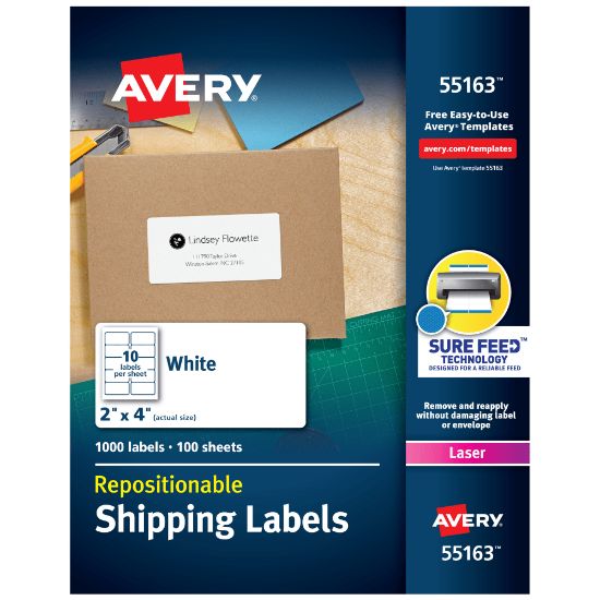 Picture of Avery Repositionable Shipping Labels With Sure Feed Technology, 55613, Rectangle, 2in x 4in, White, Pack Of 1,000