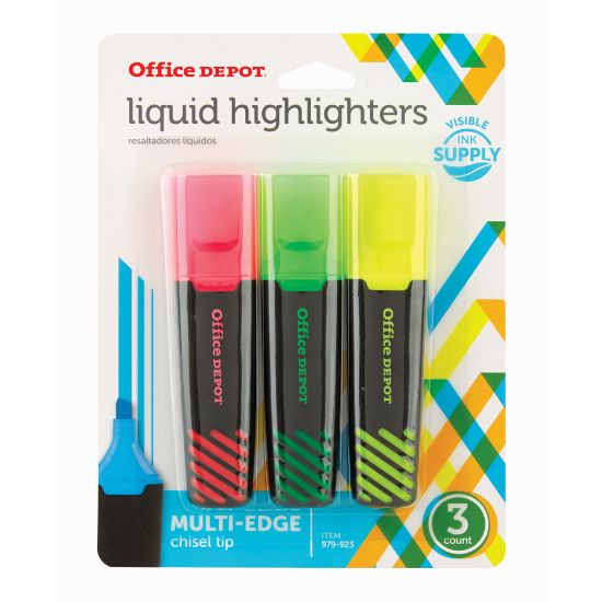 Picture of Office Depot Brand Liquid Highlighters, Chisel Point, Black/Translucent Barrel, Assorted Ink Colors, Pack Of 3