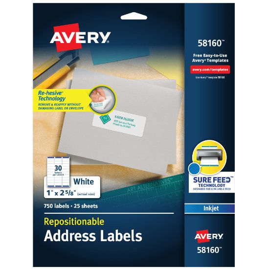 Picture of Avery Repositionable Address Labels, 58160, Rectangle, 1in x 2-5/8in, White, Pack Of 750