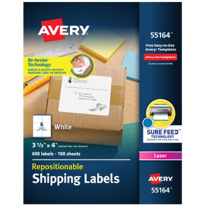 Picture of Avery Repositionable Permanent Shipping Labels, 55164, 3 1/3in x 4in, White, Box Of 600