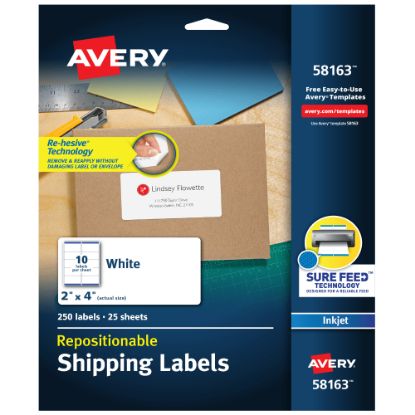 Picture of Avery Repositionable Shipping Labels With Sure Feed Technology, 58163, Rectangle, 2in x 4in, White, Pack Of 250