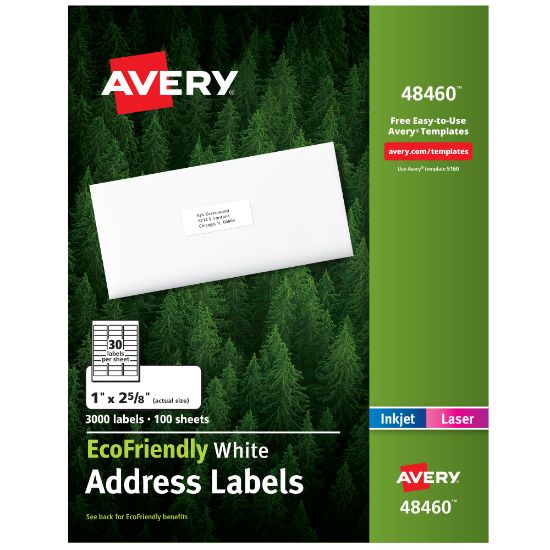 Picture of Avery EcoFriendly Address Labels, 48460, Rectangle, 1in x 2-5/8in, White, Pack Of 3,000