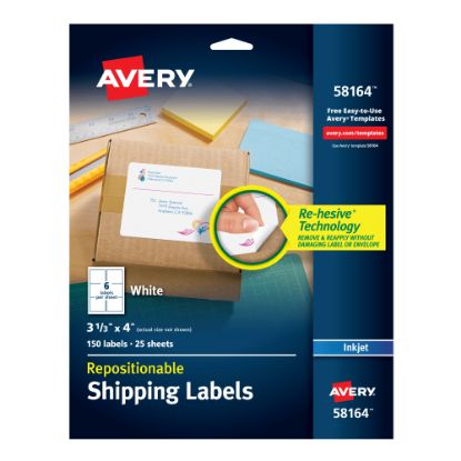 Picture of Avery Repositionable Inkjet Shipping Labels, 3 1/3in x 4in, White, Pack Of 150, 58164, 3 1/3in x 4in, White, Pack Of 150