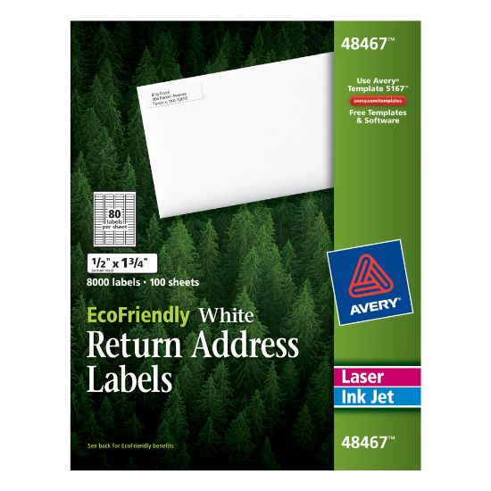 Picture of Avery Easy Peel EcoFriendly Permanent Inkjet/Laser Return Address Labels, 48467, 1/2in x 1 3/4in, 100% Recycled, White, Pack Of 8,000