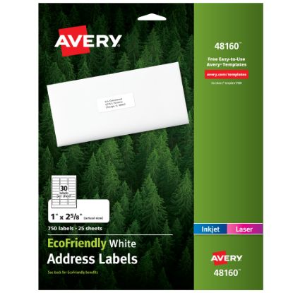 Picture of Avery EcoFriendly Address Labels, 48160, Rectangle, 1in x 2-5/8in, White, Pack Of 750 Labels