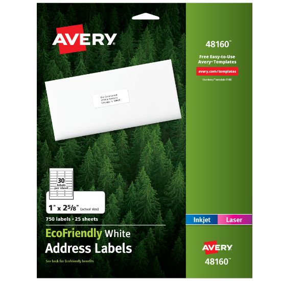 Picture of Avery EcoFriendly Address Labels, 48160, Rectangle, 1in x 2-5/8in, White, Pack Of 750 Labels