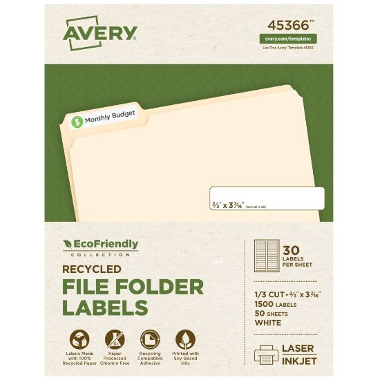 Picture of Avery Easy Peel EcoFriendly Permanent File Folder Labels, 45366, 2/3in x 3 7/16in, 100% Recycled, White, Pack Of 1,500