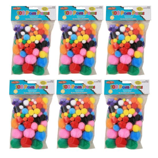 Picture of Charles Leonard Pom-Poms, Assorted Colors, 100 Pom-Poms Per Pack, Set Of 6 Packs