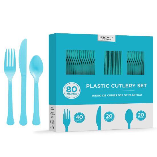 Picture of Amscan 8016 Solid Heavyweight Plastic Cutlery Assortments, Caribbean Blue, 80 Pieces Per Pack, Set Of 2 Packs