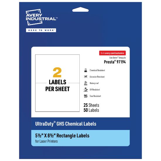 Picture of Avery Ultra Duty Permanent GHS Chemical Labels, 97194-WMU25, Rectangle, 5-1/2in x 8-1/2in, White, Pack Of 50