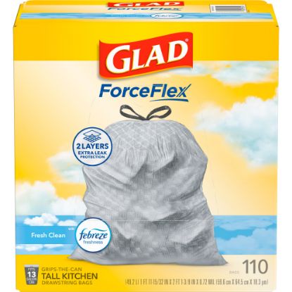 Picture of Glad ForceFlex Tall Kitchen Drawstring Trash Bags, 13 Gallon Trash Bag, Fresh Clean scent with Febreze Freshness, 110 Count (78554)