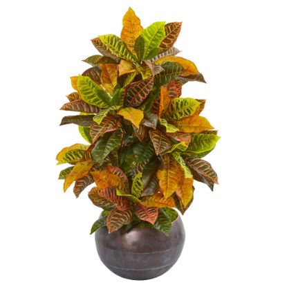 Picture of Nearly Natural Croton 37inH Artificial Plant With Metal Bowl, 37inH x 23inW x 21inD, Orange/Gray