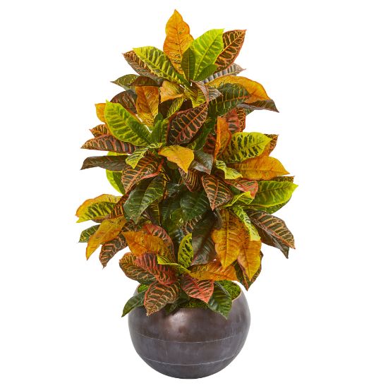 Picture of Nearly Natural Croton 37inH Artificial Plant With Metal Bowl, 37inH x 23inW x 21inD, Orange/Gray