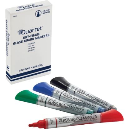 Picture of Quartet Premium Glass Board Dry-Erase Markers, Bullet Tip, Assorted Colors, 4 Pack - Bullet Marker Point Style - Black, Blue, Red, Green - 4 / Pack