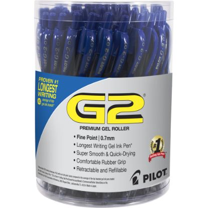 Picture of Pilot G2 Retractable Gel Pen, Fine Point, 0.7mm, Clear Barrels, Blue Ink, Tub Of 36 Pens