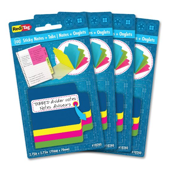 Picture of Redi-Tag Tabbed Divider Notes - 4in x 4in - Square - Unruled - Assorted - Tab, Self-stick - 4 / Box