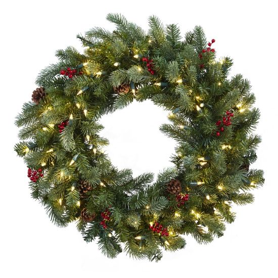 Picture of Nearly Natural 30inH Lighted Pine Wreath With Berries And Pine Cones, 30in x 3in, Green