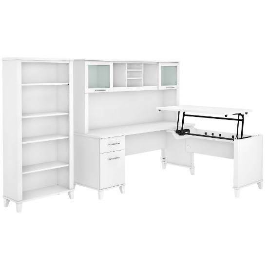 Picture of Bush Furniture Somerset 72inW 3-Position Sit-To-Stand L-Shaped Desk With Hutch And Bookcase, White, Standard Delivery