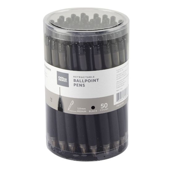 Picture of Office Depot Brand Retractable Ballpoint Pens With Grips, Medium Point, 1.0 mm, Black Barrels, Black Ink, Pack Of 50 Pens