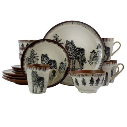 Picture of Elama 16-Piece Stoneware Dinnerware Set, Taupe/Majestic Wolf