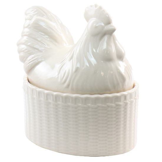 Picture of Martha Stewart Stoneware Sculpted Rooster Covered Oval Baker, 6in, Cream