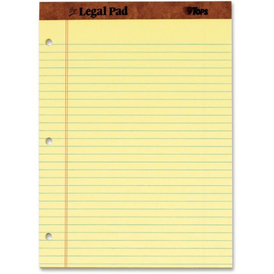 Picture of TOPS The Legal Pad Writing Pad - 50 Sheets - Double Stitched - 0.34in Ruled - 16 lb Basis Weight - 8 1/2in x 11 3/4in - Canary Paper - Perforated, Punched, Hard Cover - 1 Dozen