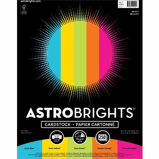 Picture of Astrobrights Color Card Stock - 5 Assorted Colours - 8 1/2in x 11in - 250 / Pack - High-impact, Durable, Printable, Acid-free, Lignin-free - Lunar Blue, Solar Yellow, Terra Green, Cosmic Orange, Fireball Fuchsia