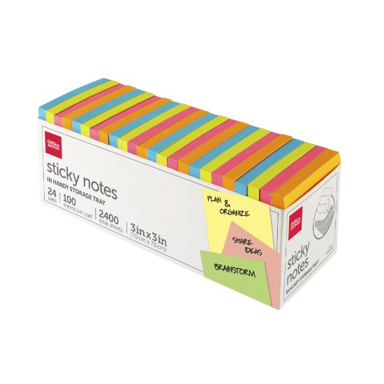 Picture of Office Depot Brand Sticky Notes, With Storage Tray, 3in x 3in, Assorted Neon Colors, 100 Sheets Per Pad, Pack Of 24 Pads