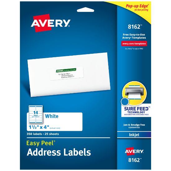 Picture of Avery Easy Peel Address Labels With Sure Feed Technology, 8162, Rectangle, 1-1/3in x 4in, White, Pack Of 350