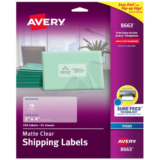 Picture of Avery Matte Shipping Labels With Sure Feed Technology, 8663, Rectangle, 2in x 4in, Clear, Pack Of 250