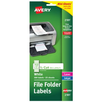 Picture of Avery Mini-Sheets File Folder Labels, 2181, Rectangle, 2/3in x 3-7/16in, White, Pack Of 300