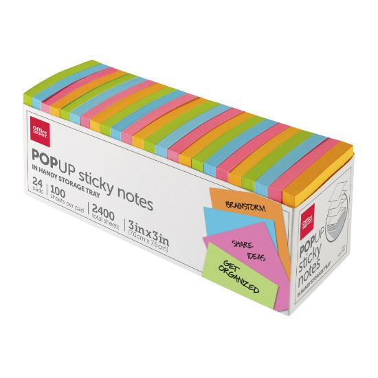 Picture of Office Depot Brand Pop Up Sticky Notes, With Storage Tray, 3in x 3in, Assorted Vivid Colors, 100 Sheets Per Pad, Pack Of 24 Pads