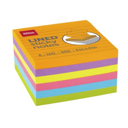 Picture of Office Depot Brand Lined Sticky Notes, 4in x 4in, Assorted Vivid Colors, 100 Sheets Per Pad, Pack Of 6 Pads