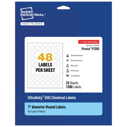 Picture of Avery Ultra Duty Permanent GHS Chemical Labels, 97203-WMU25, Round, 1in Diameter, White, Pack Of 1,200