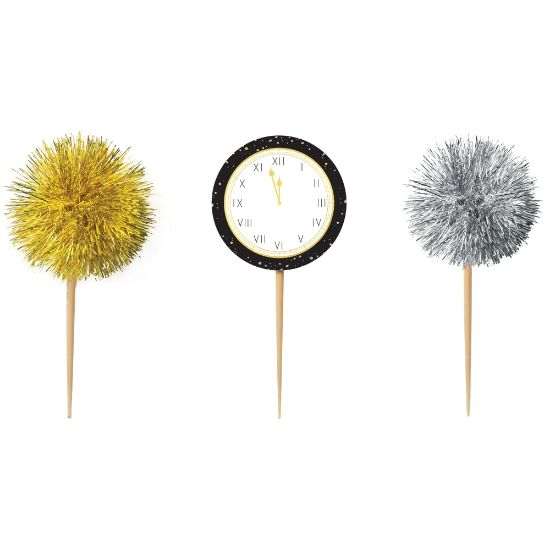 Picture of Amscan New Years Tinsel And Clock Wood Picks, 3-1/2in x 1-3/4in, Multicolor, Pack Of 32 Picks