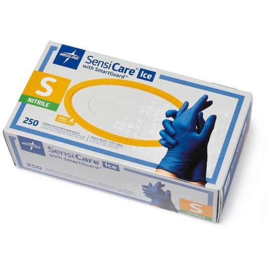 Picture of Medline SensiCare Ice Blue Nitrile Exam Gloves - Small Size - Dark Blue - Comfortable, Chemical Resistant, Latex-free, Textured Fingertip, Non-sterile, Durable - For Medical - 250 / Box - 9.50in Glove Length