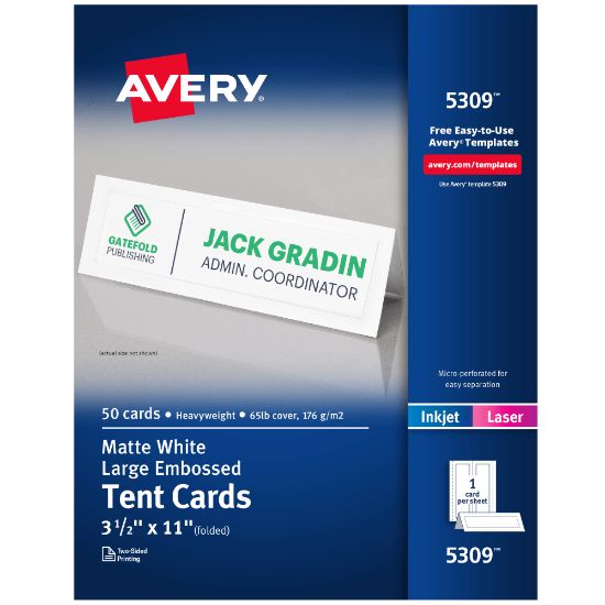 Picture of Avery Printable Large Tent Cards, 3.5in x 11in, White With Embossed Border, 50 Blank Place Cards