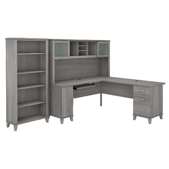 Picture of Bush Furniture 72inW L-Shaped Desk With Hutch And 5-Shelf Bookcase, Platinum Gray, Standard Delivery